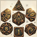 Set de Dados de Rol Metálicos con diseño de runa de madera