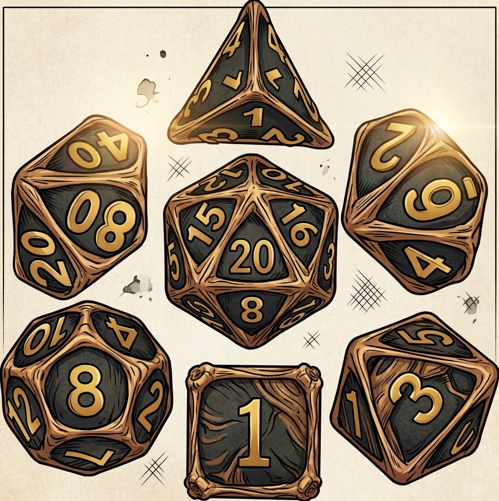 Set de Dados de Rol Metálicos con diseño de runa de madera